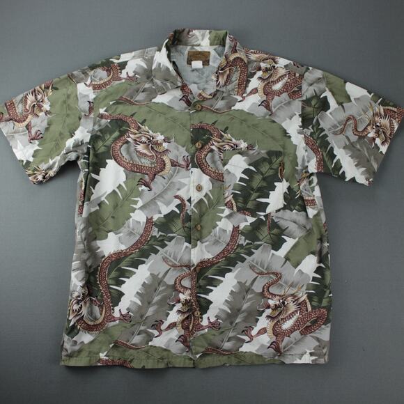 Bullhead Other - Bullhead Vintage Hawaiian Shirt Mens L Green Brown Cotton Short Sleeve Dragons
